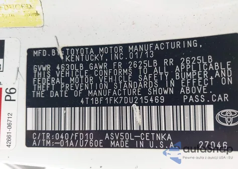 2013 Toyota Camry Le z USA, uszkodzony, nr VIN 4T1BF1FK7DU215469